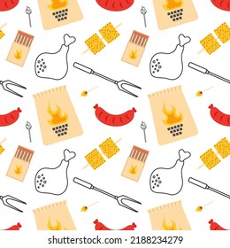 Seamless Pattern With Food For Bbq Party, Repeatable Texture With Roasted Meat, Coal Package And Barbecue Tools On White Background, Wallpaper Barbeque, Colored Flat Vector Illustration