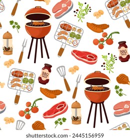 Patrón sin costura con la comida para la fiesta de la barbacoa. Textura repetible con parrilla de barbacoa, carne asada y herramientas sobre fondo blanco. Fondo de barbacoa americano para envolver. Ilustración vectorial plana de color