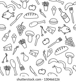 Seamless pattern with food and beverage icons and symbols. Cuisine background doodle.