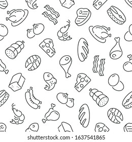 Seamless pattern with food. Black and white thin line icons