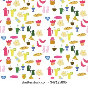 Seamless pattern with food with breakfast ingredients.Cute seamless background pattern with omelet, eggs, bacon, sausage coffee and tea. Seamless pattern with cartoon breakfast food.