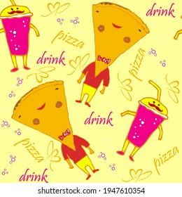 seamless pattern with food character funny pizza, sweet drink,