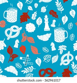 Seamless pattern with food, chess, leaves. Vector illustration on blue background.