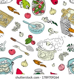Seamless pattern of food and cooking.Vector illustration of delicious healthy food.