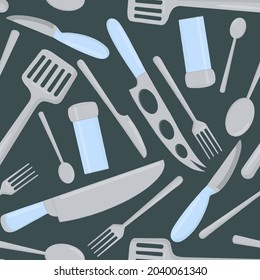 Seamless pattern of food cutlery and kitchen tools. 