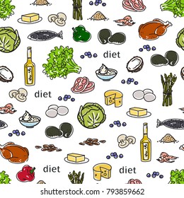  Seamless pattern with food, diet. Vector illustration.