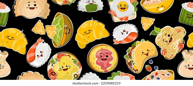 Seamless pattern food doodle emotions. Doodle style fabric print, emoji. Vector illustration.