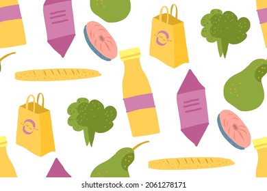 Seamless pattern with food and drink. Bottle of juice, salmon, pear, bakery, candy, paper bag.