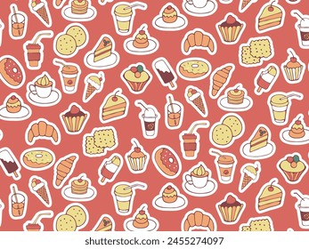 Seamless pattern of food and drink, fast food, sweets, cookies, coffee. Hand drawn vector colorful doodles in flat style.