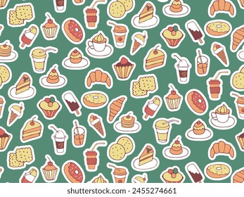 Seamless pattern of food and drink, fast food, sweets, cookies, coffee. Hand drawn vector colorful doodles in flat style.