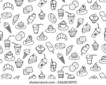 Seamless pattern of food and drink, fast food, sweets, cookies, coffee. Hand drawn vector monochrome doodles in line style on transparent background