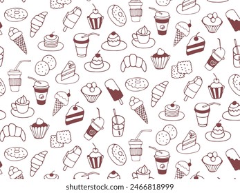 Seamless pattern of food and drink, fast food, sweets, cookies, coffee. Hand drawn vector monochrome doodles in line style on transparent background