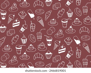 Seamless pattern of food and drink, fast food, sweets, cookies, coffee. Hand drawn vector monochrome doodles in line style