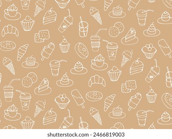 Seamless pattern of food and drink, fast food, sweets, cookies, coffee. Hand drawn vector monochrome doodles in line style