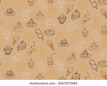 Seamless pattern of food and drink, fast food, sweets, cookies, coffee. Hand drawn vector colorful doodles in line style.