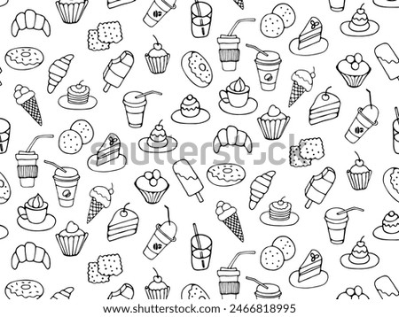 Seamless pattern of food and drink, fast food, sweets, cookies, coffee. Hand drawn vector monochrome doodles in line style on transparent background