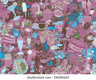Seamless pattern with food and drink. Hand drawn vector.