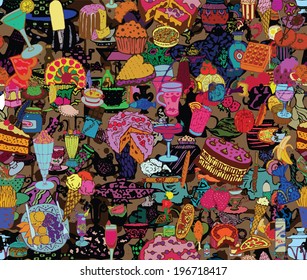 Seamless pattern with food and drink. Hand drawn vector.