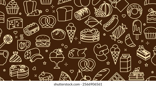 Seamless pattern of food and drink icons, small stars and hearts. Cute pictures with hamburger, cupcake, watermelon, ice cream, cake, etc. Light pictures on a brown background. Vector
