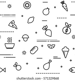 Seamless Pattern With Food And Drink In Outline Style. Vector Background With Vegetable, Meat, Fish For Design, Print, Website, Restaurant, Grocery Store, Supermarket.