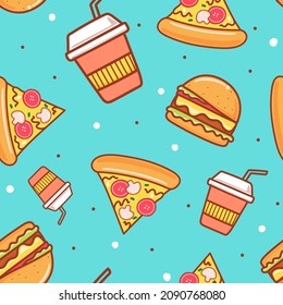 Seamless pattern food and drink, Pizza, Hamburger and drinking glass on blue pastel background. Vector illustration.