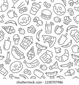 Seamless Pattern With Food And Drinks. Black And White Thin Line Icons