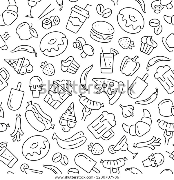 食べ物や飲み物とシームレスな柄 白黒の細い線のアイコン のベクター画像素材 ロイヤリティフリー