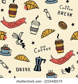 Patrón inquebrantable con comida y bebida café, croissants, pasteles. Ilustración vectorial para impresión en tela, papel de envoltura. Técnica de dibujo manual
