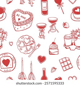 Seamless pattern with food and drinks for romantic dinner