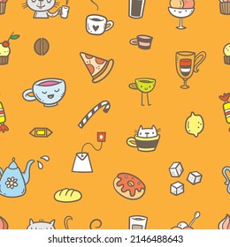 Seamless pattern with food, drinks and utensils on orange background. Doodle cafe wallpaper. Cute vector print.