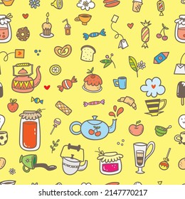 Nahtlose Muster mit Lebensmitteln, Getränken und Utensilien auf gelbem Hintergrund. Doodle Café Tapete. Cute Vektorgrafik.