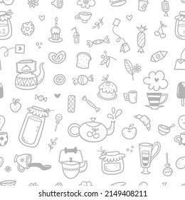 Seamless pattern with food, drinks and utensils on white background. Doodle cafe wallpaper. Cute vector print.