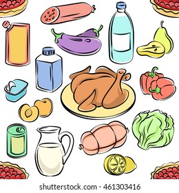 Seamless pattern of food. Freehand doodles food. Sketchy vector icons