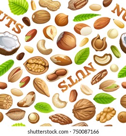 Granos de alimentos sin foco de anacardos y nueces brasileñas, coco y cedro, avellanas y anacardos, almendras y nueces, nuez moscada y pecan, cacahuete y macadamia, pistacho.