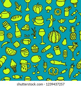 Seamless pattern with food. Hand drawn vector. Good for backgrounds, fabric, kitchen and cafe stuff.