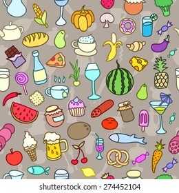 Seamless pattern with food. Hand drawn vector. Good for backgrounds, fabric, kitchen and cafe stuff.