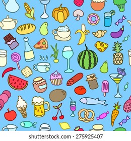 Seamless pattern with food. Hand drawn vector. Good for backgrounds, fabric, kitchen and cafe stuff.