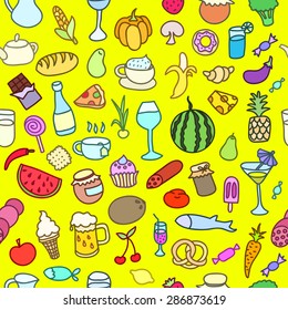 Seamless pattern with food. Hand drawn vector. Good for backgrounds, fabric, kitchen and cafe stuff.