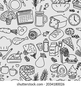 seamless pattern food icon illustrations hand drawn including bread, meat, vegetables, proteins , plates, fish, wheat, fats, takeaways and more