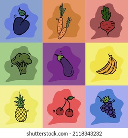 Seamless pattern with food icons. Colored vector food icons. vegetables and fruits. Doodle food icons