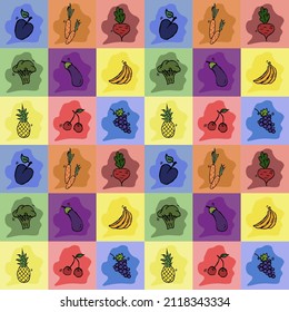 Patrón sin problemas con íconos de comida. Iconos de comida vectorial de colores. verduras y frutas. Iconos de alimentos para perros