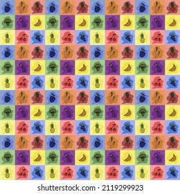 Seamless pattern with food icons. Colored vector food icons. vegetables and fruits. Doodle food icons
