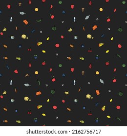 Nahtloses Muster mit Symbolen für Lebensmittel. Farbiges doodle-Nahrungsmuster. Lebensmittelhintergrund