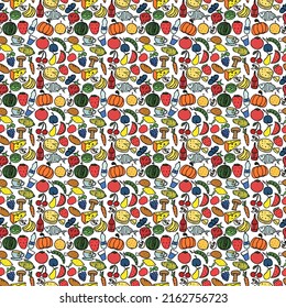 Seamless pattern with food icons. Colored doodle food pattern. Food background