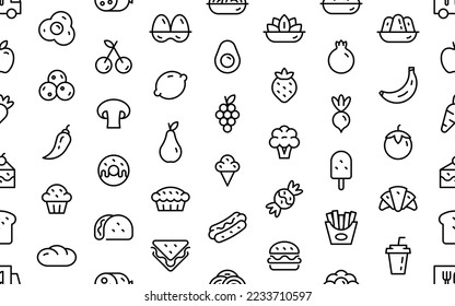 Seamless pattern with Food icons. Containing meal, restaurant, dishes and fruits icon.   Thin line icon set
