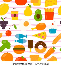Seamless pattern with food icons in flat style on striped background. Vector colorful illustration.