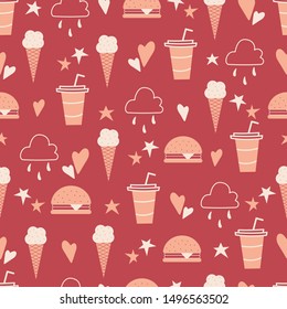 Seamless pattern of food icons in flat style on a red background