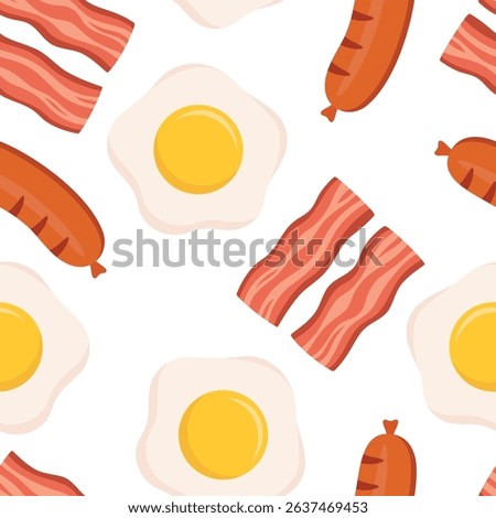 seamless pattern with food icons, fried bacon, eggs and sausages for packaging, posters or textile
