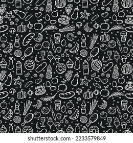 seamless pattern with food icons. icons of food, mushrooms, sweets, vegetables and fruits. vector food icons