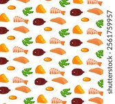 seamless pattern with food icons, namely various vegetables, fried eggs and sausages, meat, shrimps and cheese, for packaging, posters or banners. Vector format.